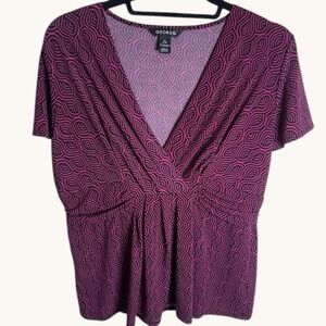 George Womens Pink Black Geometric Swirl V-Neck Empire Waist Blouse Large 12-14